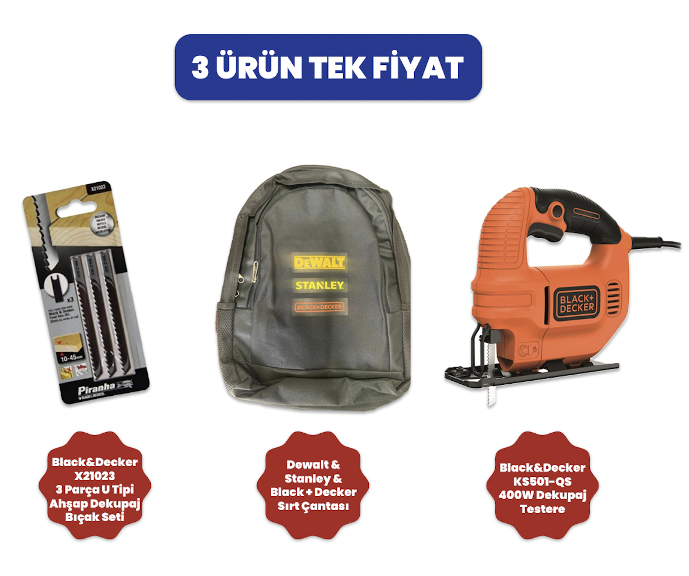 Black&Decker KS501-QS 400W Dekupaj Testere +  X21023 3 Parça U Tipi Ahşap Dekupaj Bıçak Seti + Sırt Çantası